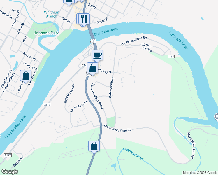 map of restaurants, bars, coffee shops, grocery stores, and more near 506 Gateway Parkway in Marble Falls