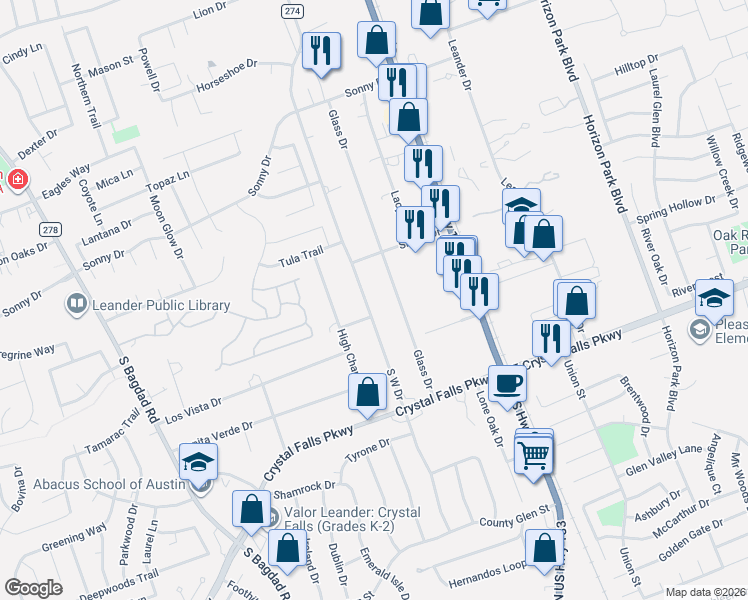 map of restaurants, bars, coffee shops, grocery stores, and more near 1300 South West Drive in Leander