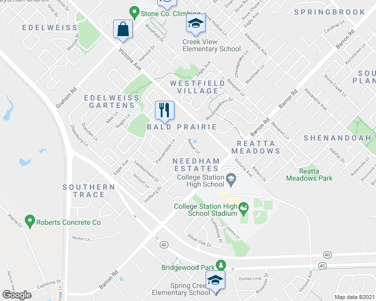 map of restaurants, bars, coffee shops, grocery stores, and more near 2502 Leyla Lane in College Station