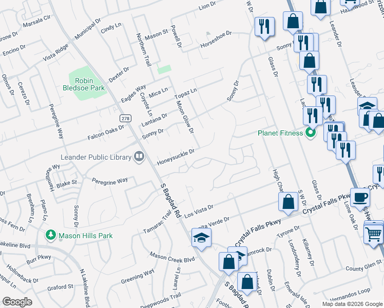 map of restaurants, bars, coffee shops, grocery stores, and more near 1106 Winecup Court in Leander