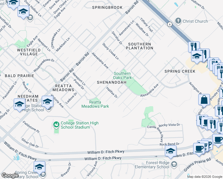 map of restaurants, bars, coffee shops, grocery stores, and more near 1204 Spartanburg Court in College Station