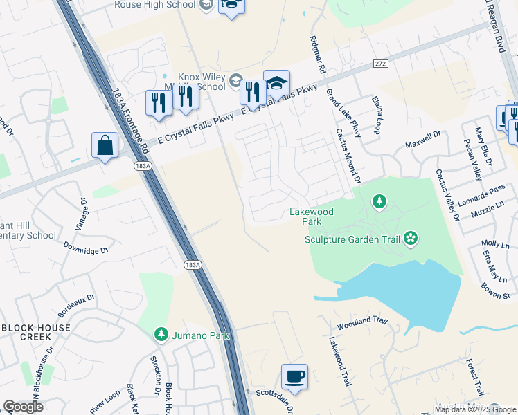 map of restaurants, bars, coffee shops, grocery stores, and more near 10810 East Crystal Falls Parkway in Leander