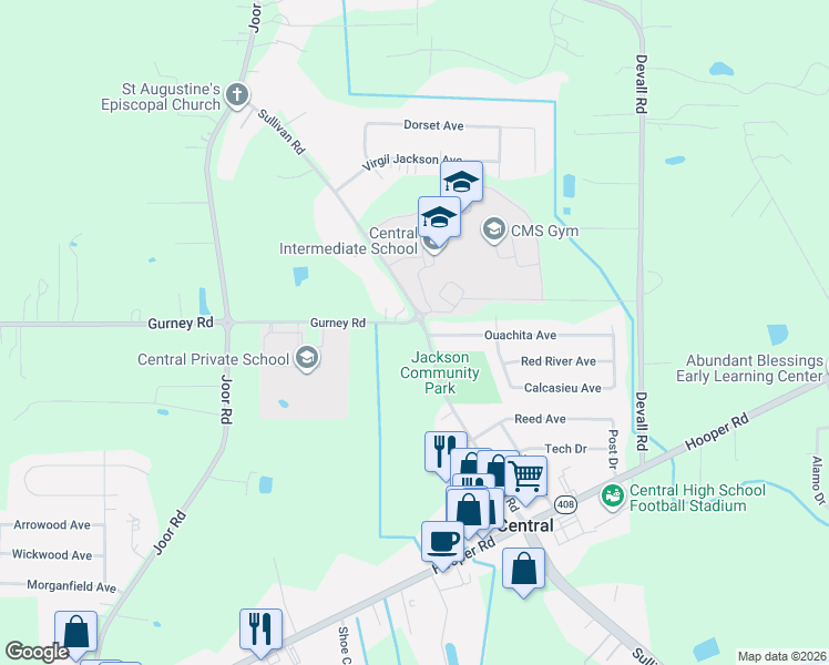 map of restaurants, bars, coffee shops, grocery stores, and more near 12421 Sullivan Road in Baton Rouge
