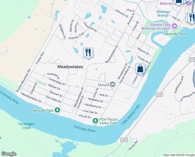 map of restaurants, bars, coffee shops, grocery stores, and more near 175 Cypress Point Road in Meadowlakes