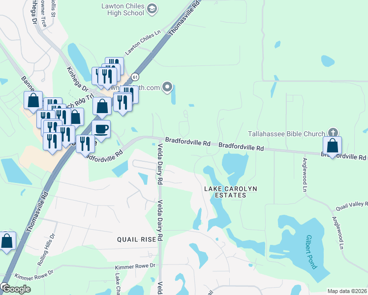 map of restaurants, bars, coffee shops, grocery stores, and more near 4073 Bradfordville Road in Tallahassee