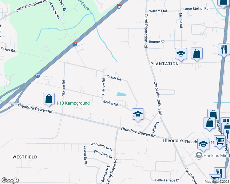 map of restaurants, bars, coffee shops, grocery stores, and more near 6250 Hillview Road in Theodore