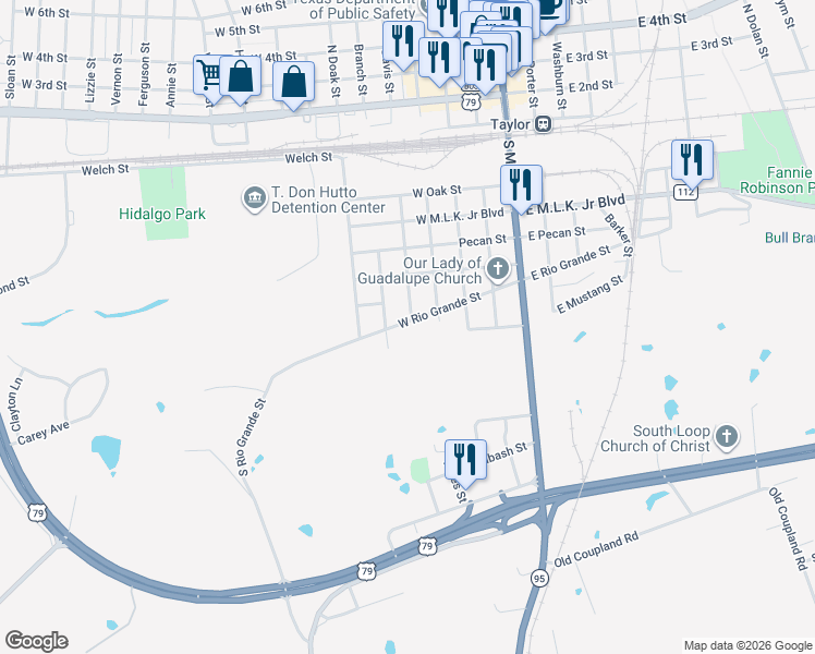 map of restaurants, bars, coffee shops, grocery stores, and more near 707 Gano Street in Taylor