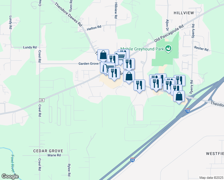 map of restaurants, bars, coffee shops, grocery stores, and more near 6232 Spanish Trail Drive in Theodore