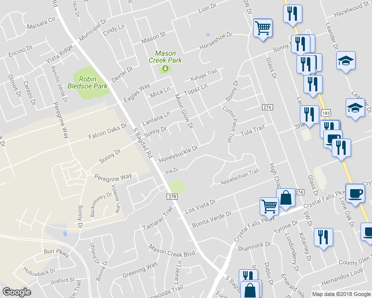 map of restaurants, bars, coffee shops, grocery stores, and more near 1108 Winecup Court in Leander