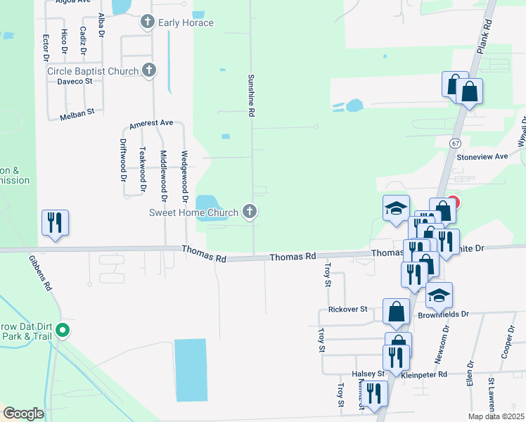 map of restaurants, bars, coffee shops, grocery stores, and more near 12620 Sunshine Road in Baton Rouge