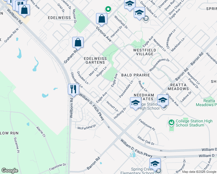 map of restaurants, bars, coffee shops, grocery stores, and more near 144 Walcourt Loop in College Station