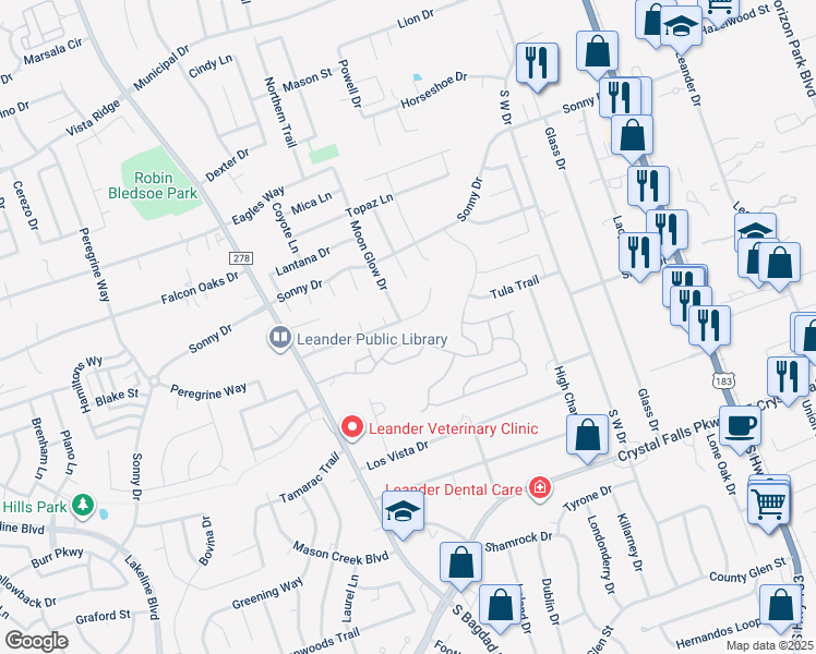 map of restaurants, bars, coffee shops, grocery stores, and more near 802 Honeysuckle Drive in Leander