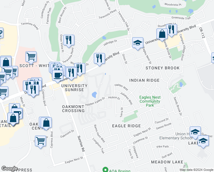 map of restaurants, bars, coffee shops, grocery stores, and more near 601 University Boulevard in Round Rock