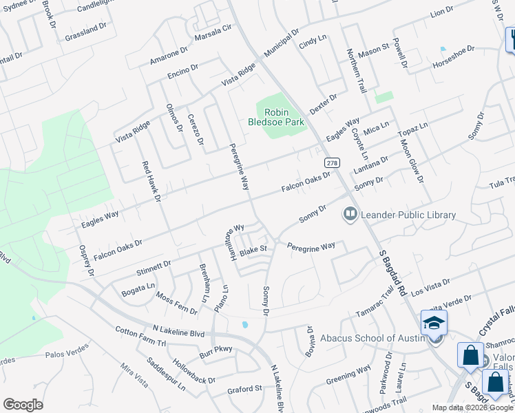 map of restaurants, bars, coffee shops, grocery stores, and more near 1400 Falcon Oaks Drive in Leander