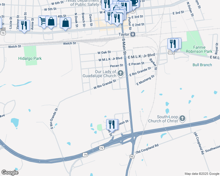 map of restaurants, bars, coffee shops, grocery stores, and more near 710 Bland Street in Taylor