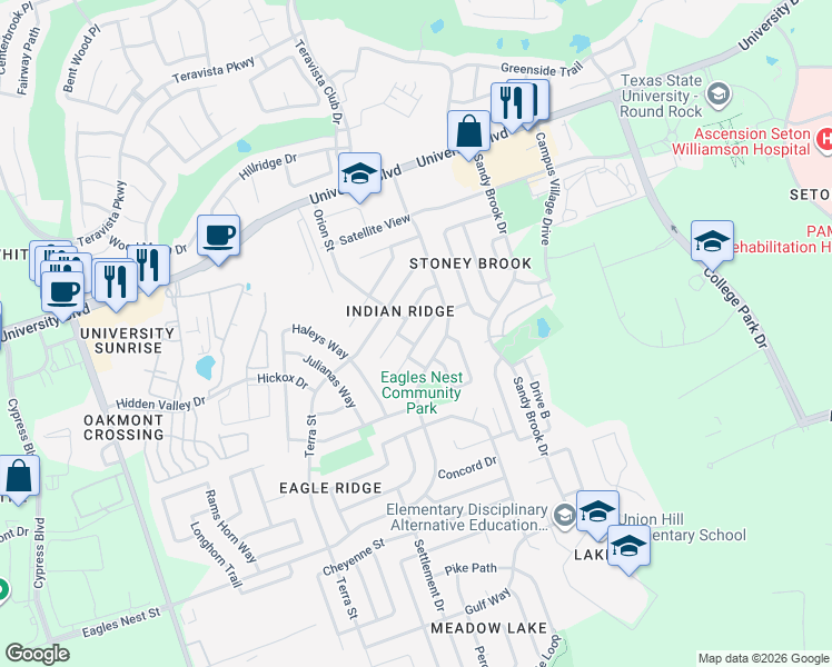 map of restaurants, bars, coffee shops, grocery stores, and more near 1411 Pigeon View Street in Round Rock