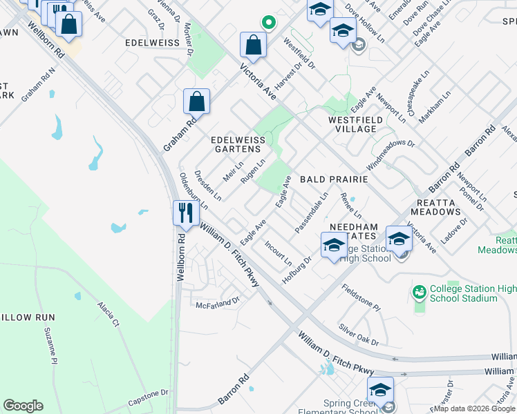 map of restaurants, bars, coffee shops, grocery stores, and more near 139 Walcourt Loop in College Station