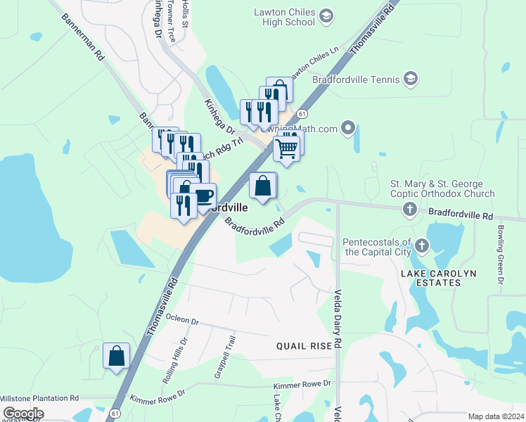 map of restaurants, bars, coffee shops, grocery stores, and more near 3700 Bradfordville Road in Tallahassee