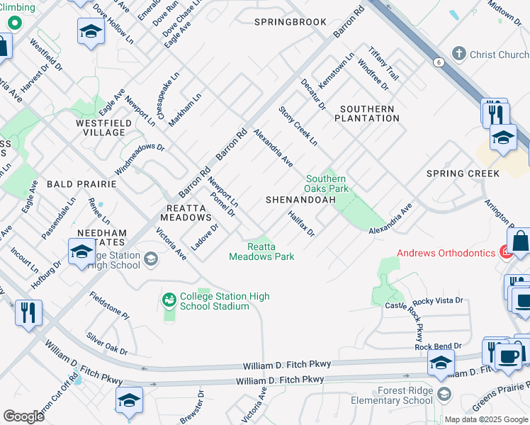 map of restaurants, bars, coffee shops, grocery stores, and more near 1107 Bracey Court in College Station
