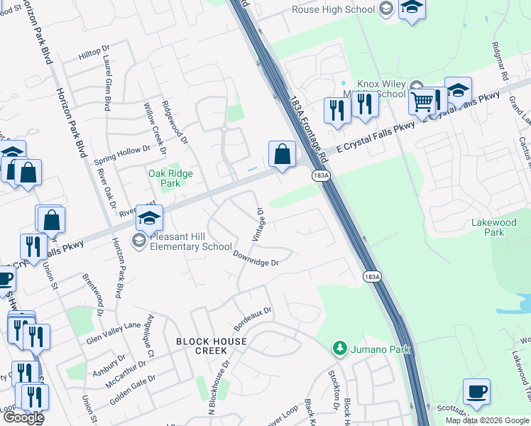 map of restaurants, bars, coffee shops, grocery stores, and more near 1804 Vintage Drive in Leander