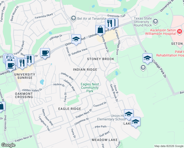 map of restaurants, bars, coffee shops, grocery stores, and more near 1411 Pigeon View Street in Round Rock