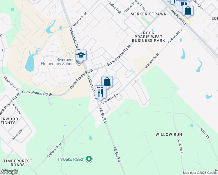 map of restaurants, bars, coffee shops, grocery stores, and more near 113 Ridge Creek in College Station