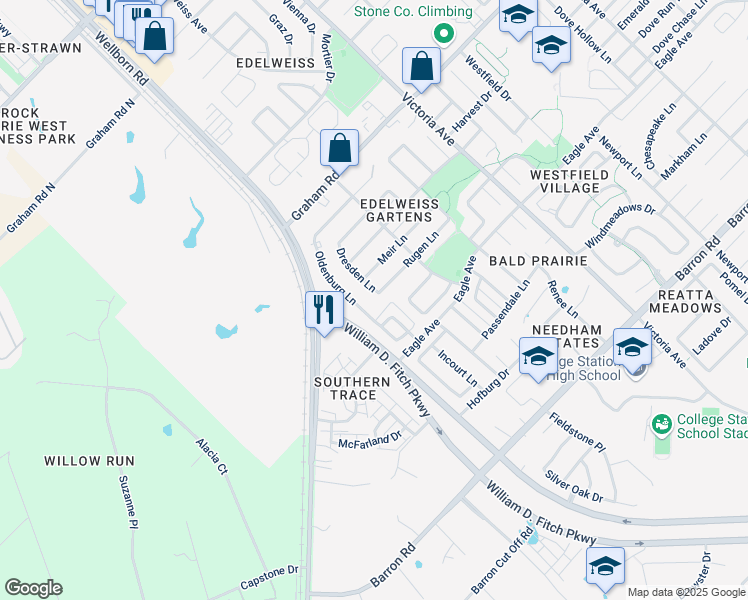map of restaurants, bars, coffee shops, grocery stores, and more near 3830 Dresden Ln in College Station