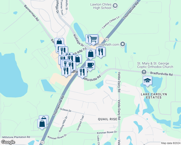 map of restaurants, bars, coffee shops, grocery stores, and more near 3700 Bradfordville Road in Tallahassee