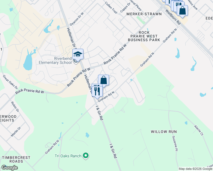 map of restaurants, bars, coffee shops, grocery stores, and more near 113 Ridge Creek in College Station