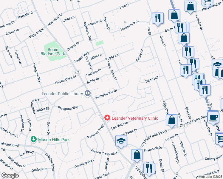 map of restaurants, bars, coffee shops, grocery stores, and more near 1106 Winecup Ct in Leander