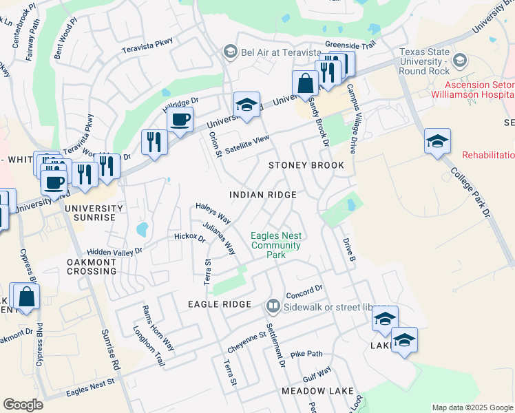 map of restaurants, bars, coffee shops, grocery stores, and more near 1320 Ashley Drive in Round Rock
