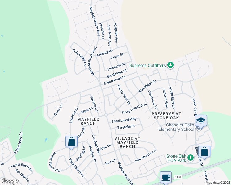 map of restaurants, bars, coffee shops, grocery stores, and more near 3809 Blue Mountain Path in Round Rock