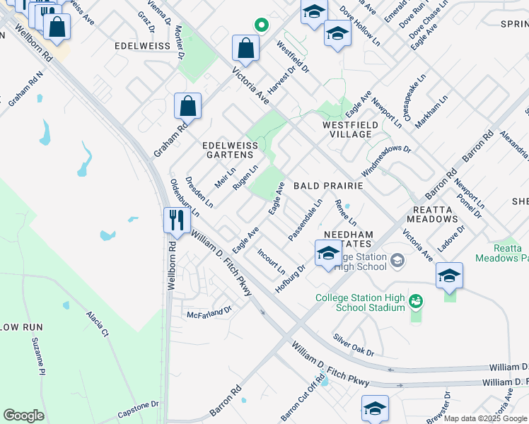 map of restaurants, bars, coffee shops, grocery stores, and more near 146 Walcourt Loop in College Station