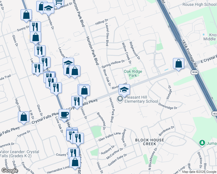 map of restaurants, bars, coffee shops, grocery stores, and more near 1513 River Oak Drive in Leander