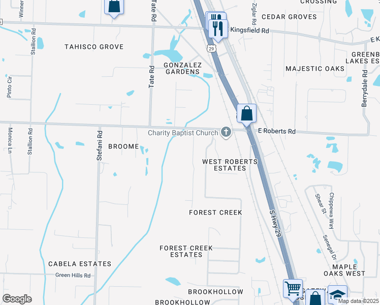 map of restaurants, bars, coffee shops, grocery stores, and more near 2549 Redford Drive in Cantonment