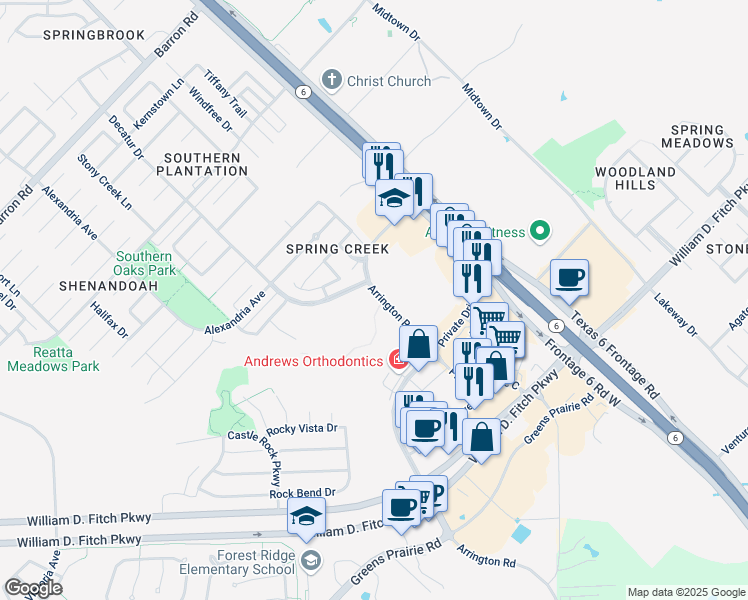 map of restaurants, bars, coffee shops, grocery stores, and more near 1098 Arrington Road in College Station