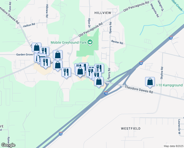 map of restaurants, bars, coffee shops, grocery stores, and more near 7040 Theodore Dawes Road in Theodore