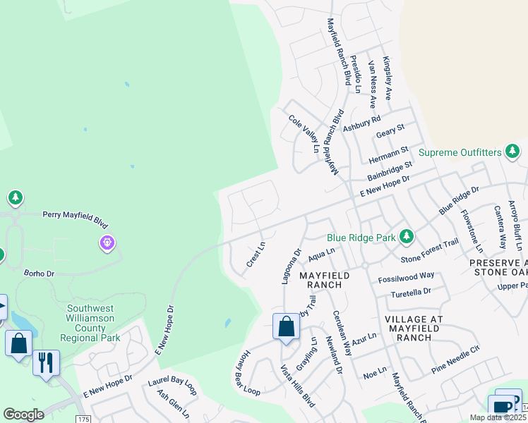 map of restaurants, bars, coffee shops, grocery stores, and more near 4005 Sapphire Loop in Round Rock