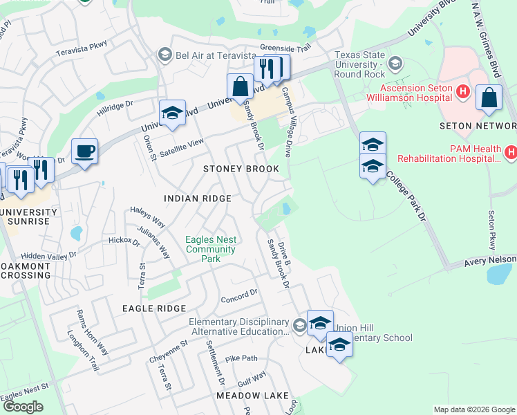 map of restaurants, bars, coffee shops, grocery stores, and more near 1001 Zodiac Lane in Round Rock