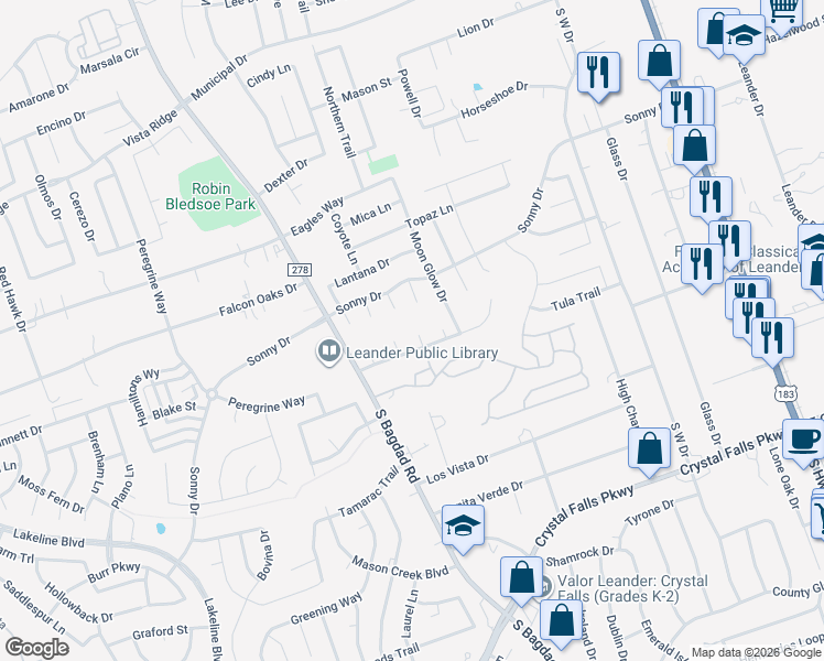 map of restaurants, bars, coffee shops, grocery stores, and more near 1101 Winecup Court in Leander
