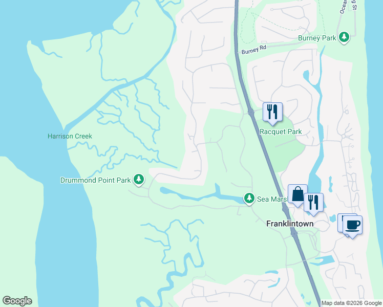 map of restaurants, bars, coffee shops, grocery stores, and more near 3416 Sea Marsh Road in Fernandina Beach