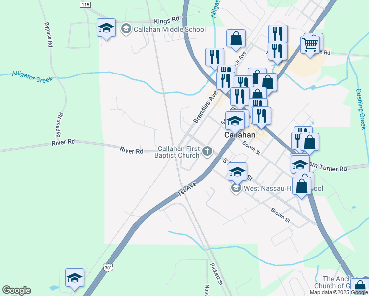 map of restaurants, bars, coffee shops, grocery stores, and more near 2145 Brown Street in Callahan