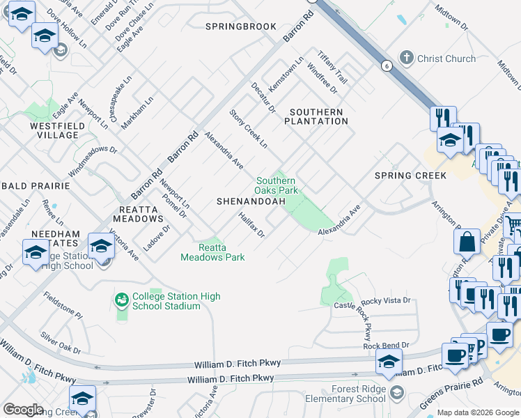 map of restaurants, bars, coffee shops, grocery stores, and more near 1204 Spartanburg Court in College Station