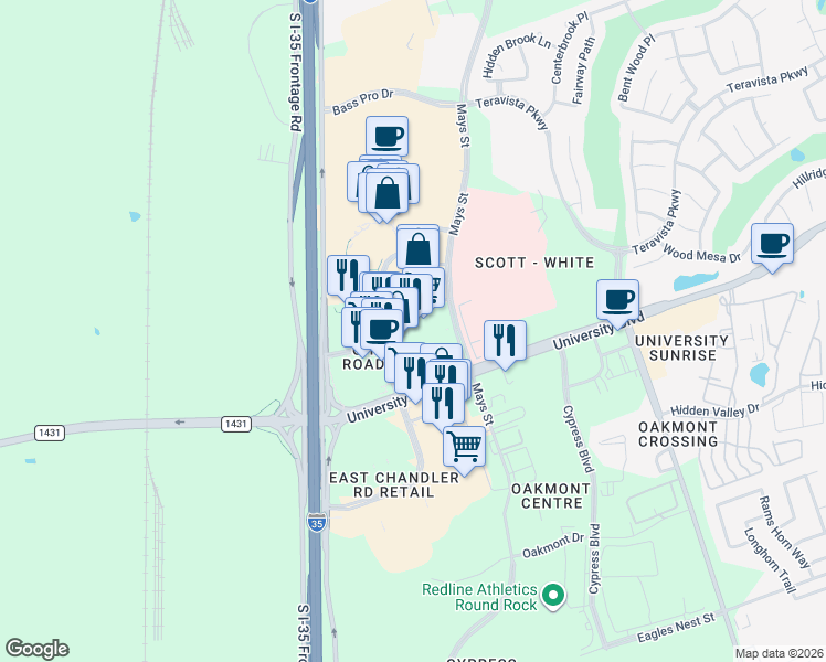 map of restaurants, bars, coffee shops, grocery stores, and more near 250 University Boulevard in Round Rock