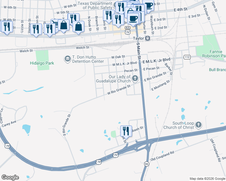 map of restaurants, bars, coffee shops, grocery stores, and more near 707 Gano Street in Taylor