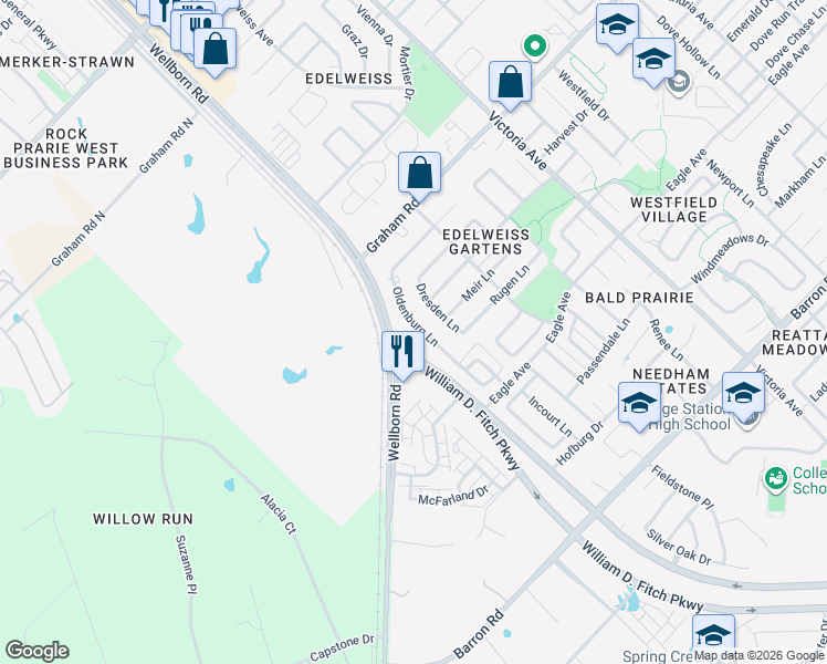 map of restaurants, bars, coffee shops, grocery stores, and more near 3788 Oldenburg Lane in College Station