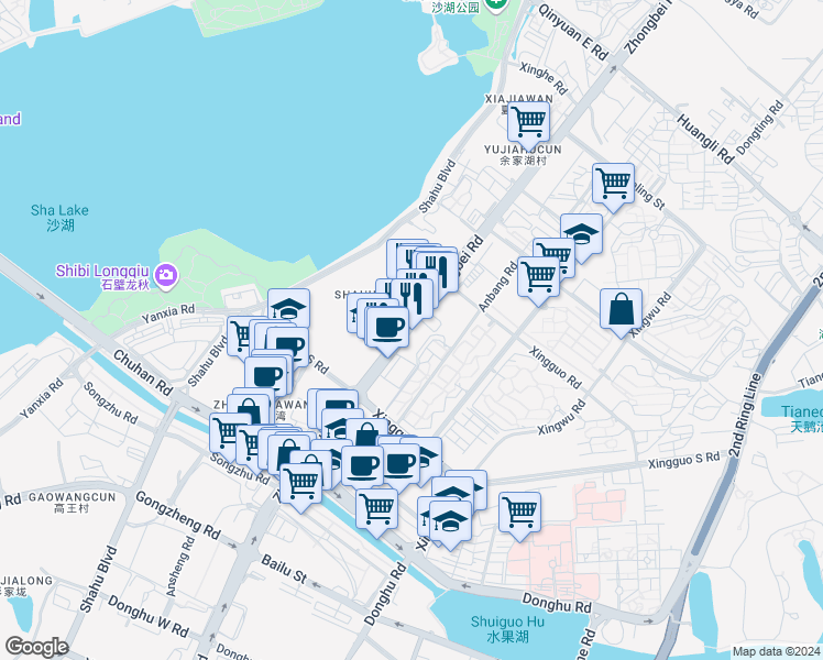 map of restaurants, bars, coffee shops, grocery stores, and more near Zhong Bei Lu in Wu Han Shi