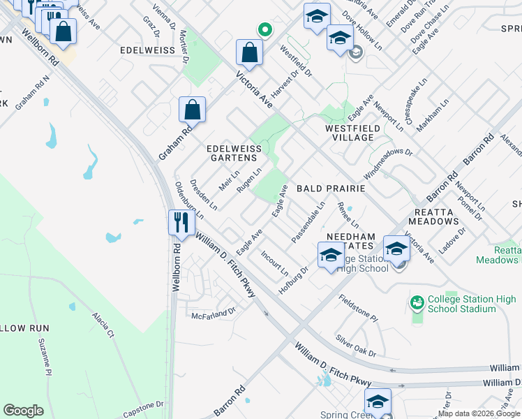 map of restaurants, bars, coffee shops, grocery stores, and more near 144-146 Walcourt Loop in College Station