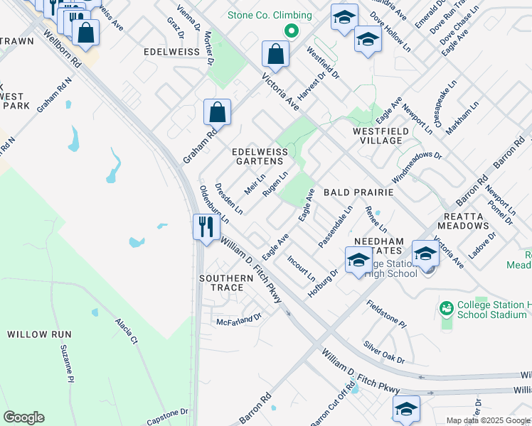 map of restaurants, bars, coffee shops, grocery stores, and more near 118 Walcourt Loop in College Station