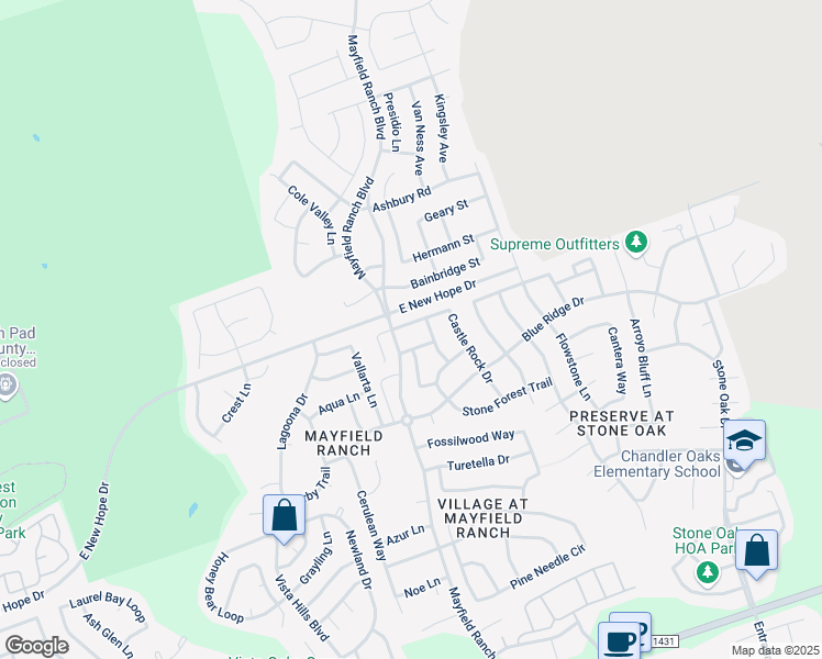 map of restaurants, bars, coffee shops, grocery stores, and more near 3772 Castle Rock Drive in Round Rock